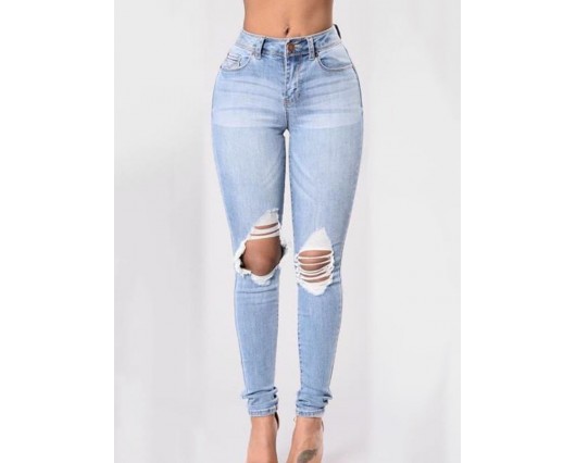 Plain Hole Patchwork Full Length Fall Button Mid-Waist Denim Jeans Plain Hole Patchwork Full Length Fall Button Mid-Waist Denim Jeans